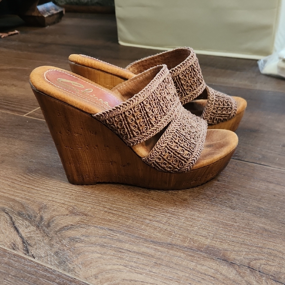 Sbicca Brown Crochet Wedge Sandals - Picture 2 of 6